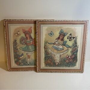 Set of 2 Girl Floral Butterfly Prints on Cork Board Backing 11”x12” N. Hartnett